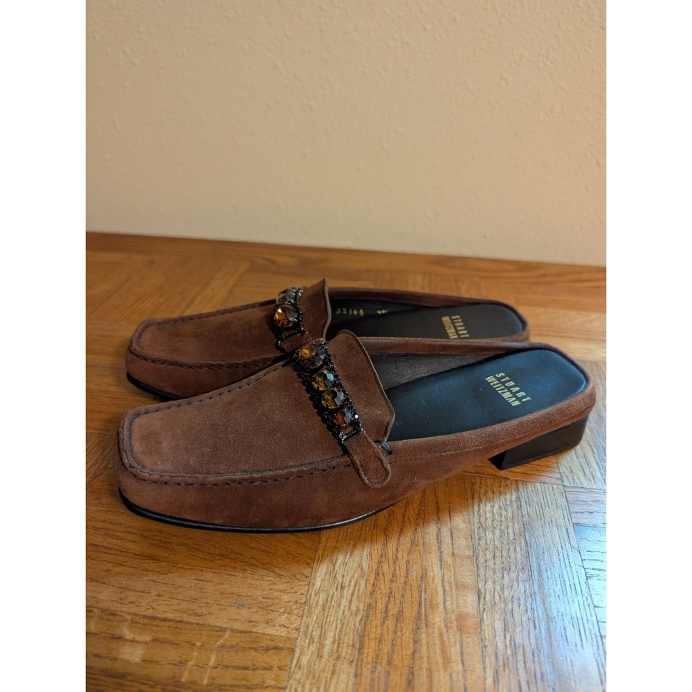 Stuart Weitzman Suede Loafers Brown Jeweled Preppy Block Heel Size 7.5 Y2K 7 1/2 - Picture 3 of 6
